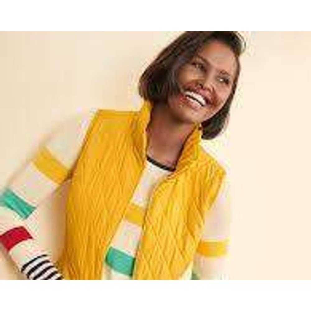 Talbots Womens Yellow Quilted Puffer Vest Full Zip Striped Lining Large